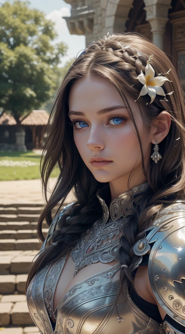 (32k), (masterpiece), (best quality),(extremely intricate), (realistic), (sharp focus), (award winning), (cinematic lighting),(extremely intricate:1.3), (realistic), 1girl, 18 year old, Caucasian (Beautiful face), blue eyes, perfect eyes, perfect iris, perfect pupils, perfect lips, perfect nose, perfect hands, very detailed hands, perfect fingers, black hair, short hair, straight hair, small braid in her hair, ((medieval super white armor)), metal reflections, (((super white armor))), outdoors, far away castle, (ornately decorated armor), (insanely detailed, bloom:1.5), chainmail, intense sunlight, professional photograph of a stunning woman detailed, sharp focus,  award winning, cinematic lighting, blurry background, upper body, ((confident)), (Pose: looking at the camera), ((front view shot)), Portrait,