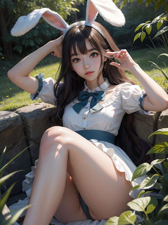 quality、Ultra-high resolution、photograph、かわいい女の子のphotograph,Bunny ears、Lovely beautiful legs、(Pure love face_v1:0.008)、Beautiful Bangs、Alice in Wonderland、14 years younger and radiant skin、Through Vantra's long platinum blonde hair, Straight, silky smooth hair、Beautiful, clear blue eyes、White apron、Blue Dresakeup