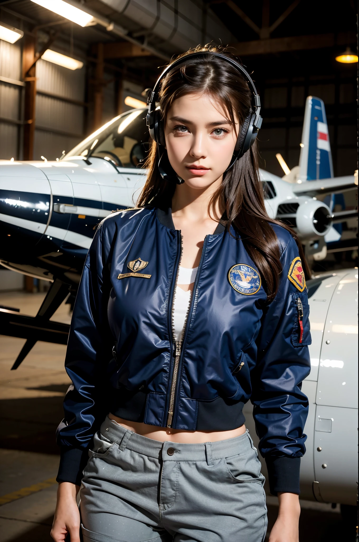 Best quality, ((professional photograph, Realistic RAW photo)), intricate composition, an extremely delicate and beautiful, ultra high res, professional lighting and shading, (Realistic image of a extremely pretty female Aircraft mechanic, solo), Inside a spacious Aircraft hangar, Vintage airplanes of the World War II era line the background, (Wearing a MA-1 Flight Jacket), (Wearing a headset), (wearing short pants), parted lips, very professional mechanic, ((extremely beautiful depiction of the eyes and face)), ((insanely beautiful natural skin texture)), Accurate eyes, Accurate five fingers, Well-balanced overall body