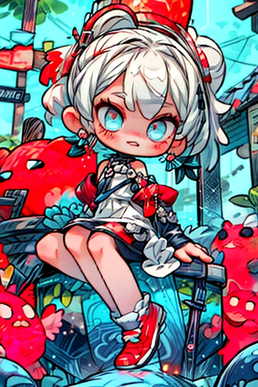 sticker, background white,masterpiece, best quality, cute, kawaii,wide shote, 1 girl,???,solo,silver brite hair,pony tail hair,golden shining eyes,smile face,colorless,gothic dress,red moonlight,big eyes