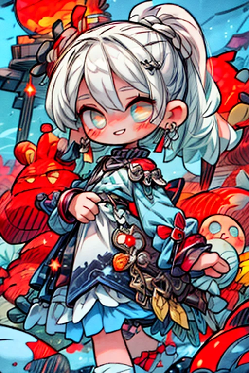sticker, background white,masterpiece, best quality, cute, kawaii,wide shote, 1 girl,???,solo,silver brite hair,pony tail hair,golden shining eyes,smile face,colorless,gothic dress,red moonlight,big eyes