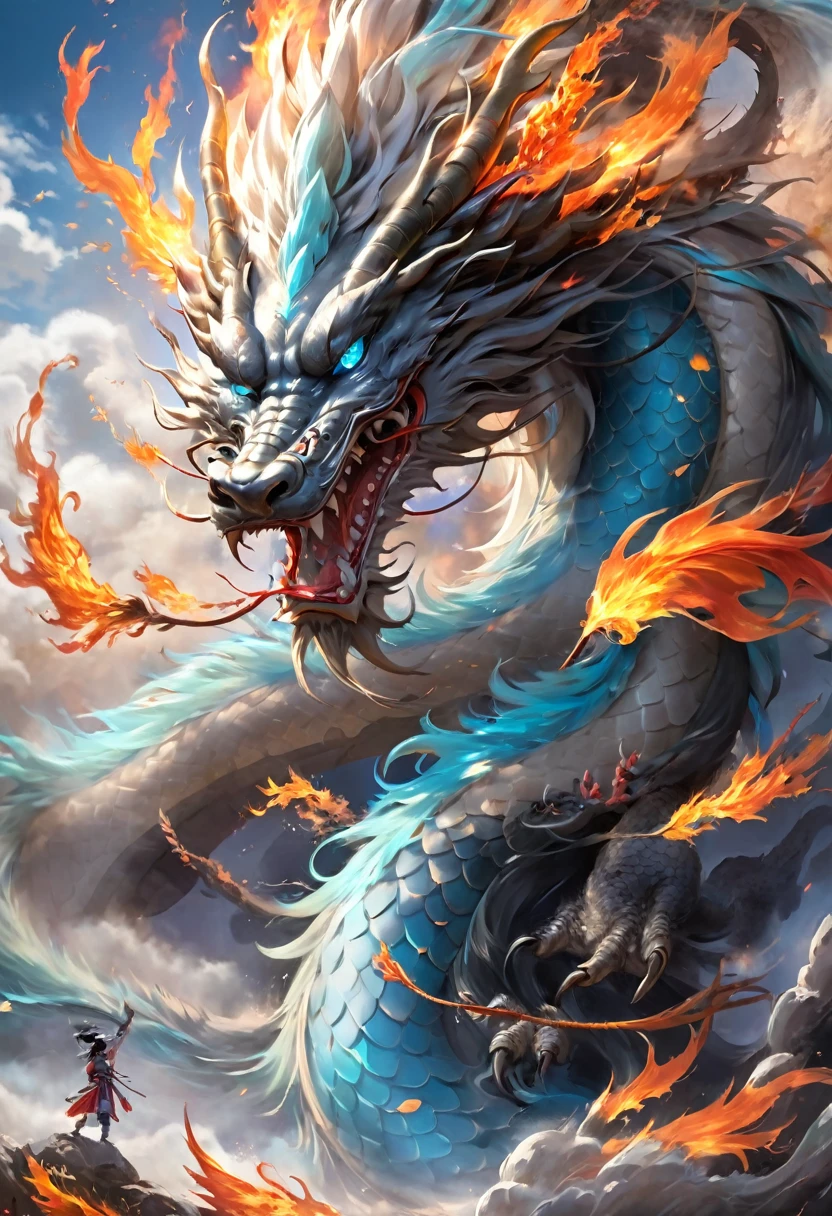 (Main Themes: Wide-angle lens), The flame is light blue,[多彩of,(Chinese dragon personification)], of,戏剧性of云,(Going deep into the field), 丰富of细节, (廣闊of天空), (Sense of vastness),Energy and vitality, 复杂of细节.(最好of品質, high resolution, masterpiece:1.2), (实际of:1.37), High Dynamic Range。