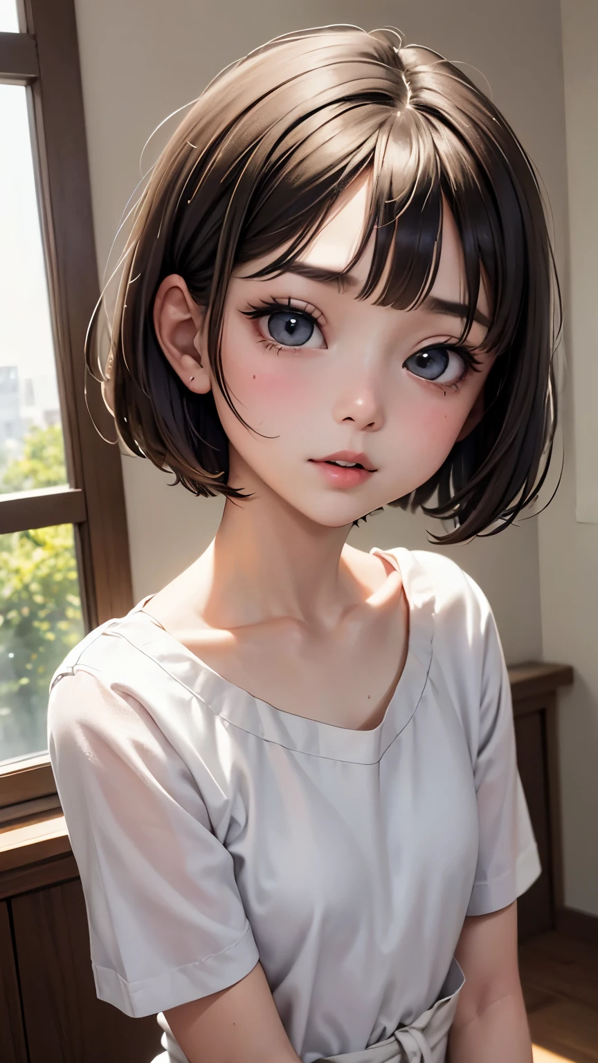 short hairと白のシャツ, short hair, 前髪のあるshort hair, Woman with pretty face, Cute little face in a portrait, French Bob, White skin!!, 短い茶色の髪とBig eyes, Soft Portrait Shot 8k, Beautiful light、Big eyes, Beautiful girl, Young girl with bob cut, Full Shot,Best image quality, Tabletop, Leonardo da Vinci&#39;s Notebooks Da Vinci, Leonardo da Vinci&#39;s manuscript in the background,Swimwear,Thin legs