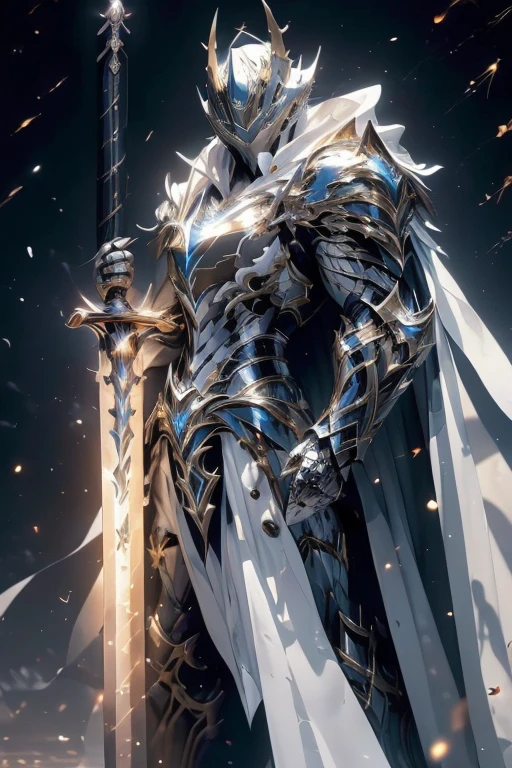 (master piece:1.5), (best quality:1.5), (exquisite lighting and shadow, highly dramatic picture, cinematic lens effect) (Photorealistic picture) highly detailed, realistic, cinematic lighting, studio quality, 8k, wallpaper, dynamic pose, anatomy correct, epic fantasy digital art, Epic composition, full body short black hair pale Male paladin wearing a white leather armor under a shiny white intricate elaborated plate chest armor with gold lightnings accents, long white cape with gold lightnings ornaments, holding a great white lightning sword, white lightning, white storm background, lightnings
