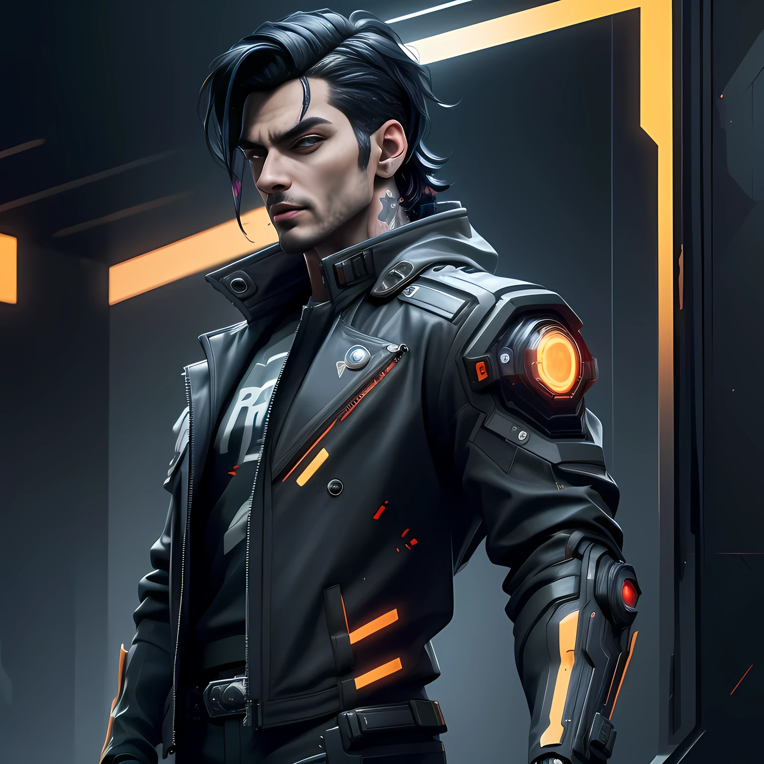 (best quality,4k,8k,highres,masterpiece:1.2), cyberpunk, handsome man, Cyborg, cyberpunk black hair, bright eyes, black jacket, holographic tattoos, cowboy shot