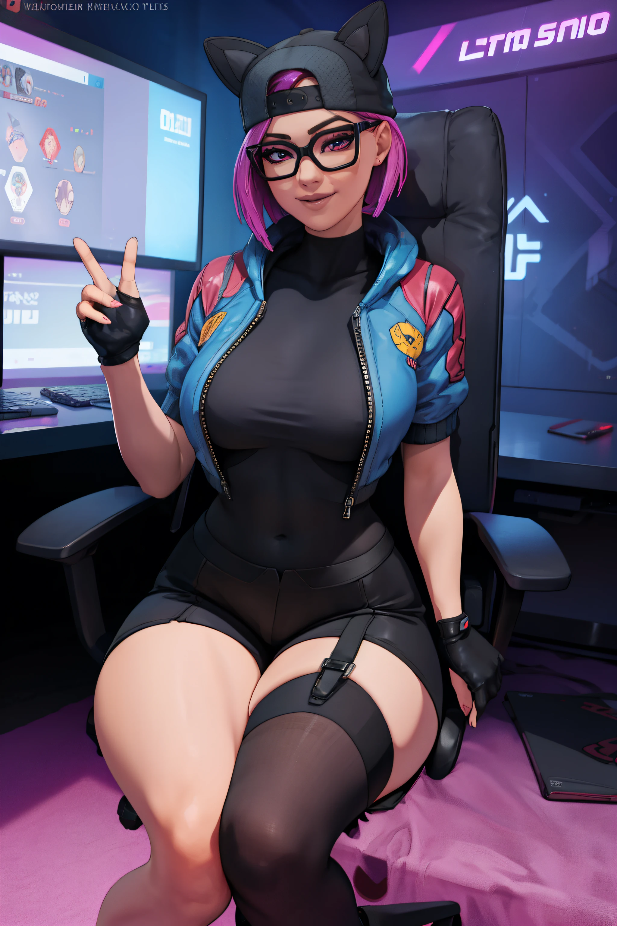 (masterpiece), (best quality),Gamer chair (solo), looking the viewer, cyberpunk, high detailed,extremely detailed,shorts with big white stockings, jacket, fine eyes, smile,dynamic pose, short pink hair,cap,fingerless glove,glasses.