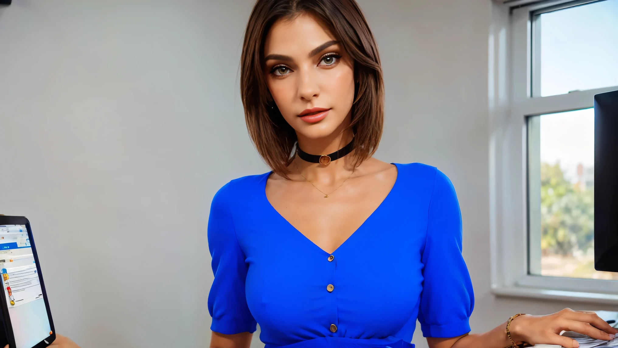 La vestimenta de esta reportera combina elegancia y feminidad. You can wear a dress or pencil skirt in a vibrant color or print, combinado con una blusa de seda o un top elegante. Puede complementar el conjunto con accesorios llamativos pero elegantes, como un collar statement o unos pendientes largos. Se encuentra sentada en su escritorio redactando en su computadora.