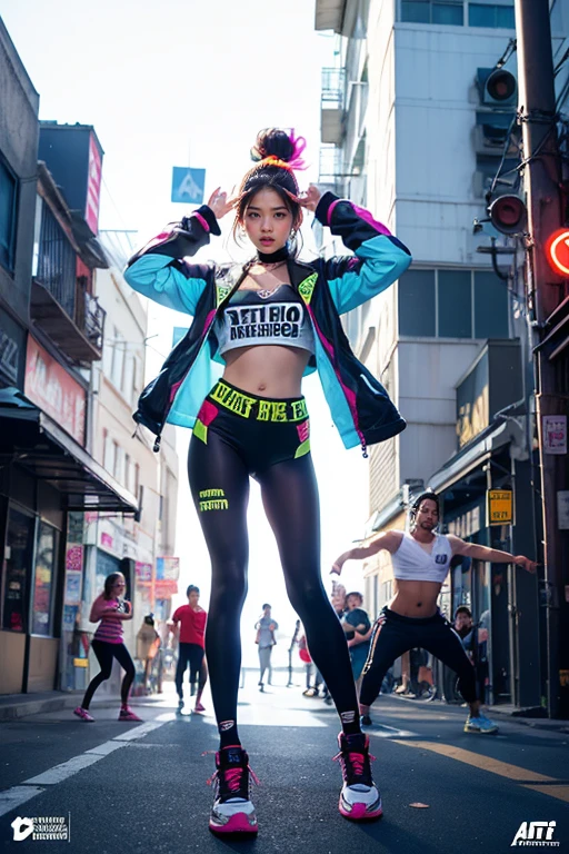 Mika Castro、Stelio Kontos、Robert DeJesus、Chris Costa、By Dan Luvisi、Full body portrait of a girl dancing hip hop demonstrating energetic moves、Detailed illustration of urban environment、Neon color、Bright contrast of light。and shadows、Perfect face and body proportions、Trending on Artstation
