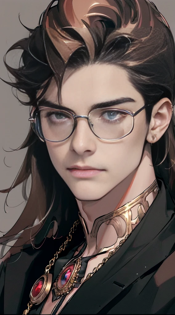 (((8K, RAW photos, Best quality, tmasterpiece: 1.4))), ((man wearing gold glasses))), Ultra-high resolution, ultra - detailed, lamplight, Close-up cleavage, Handsome men, red eyes, (Detailed eyes, The eyes are bright:1.2), Black medium long hair, Vampires, pale-skinned, ear piercings, Dark, Blackn clothes, Meticulous clothes, gold accessories on clothes, Sharp fangs, (perfect anatomia:1.2), Highqualityshadow, natural lightting, (White highlights:1.2), natta, overcast day, (starrysky:1.2)
