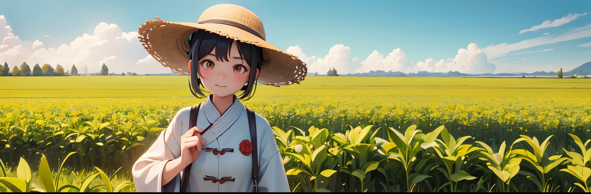 Chinese female tobacco farmer holding tobacco in the field,Q version
