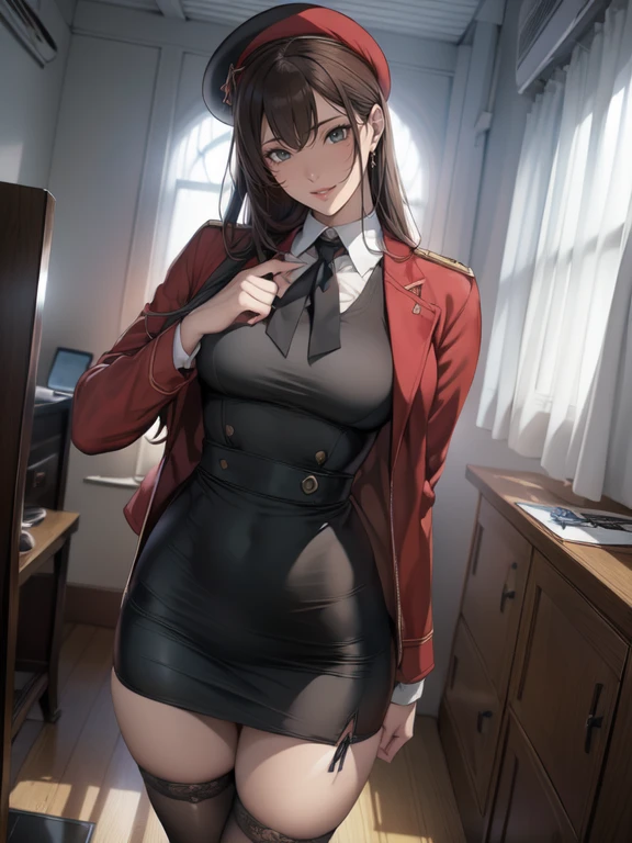 (1.woman, alone), 8k, ((Flying debris)),(((highest quality))),((Very detailed)),((((reality)))), reality的:1.37, (Ultra-realistic), (High resolution), (Very detailed), (Very detailed細壁紙), (detailed aspects), (Beautiful expression), ((詳細 highest qualityのスキン:1.2)), ((Reddish cheeks)), (Very detailed細な背景, Detailed Background), All limbs、Full Finger、1 美しいwoman,Mole under the eye、、Sweat、Slender beauty、Straight hair、Brown Hair、((Red military officer jacket、Black pencil skirt、Black Half Stockings、Wearing a black military beret、Black tie、Nameplate、Thin body))、Inside the Military Operations Center、Command Center