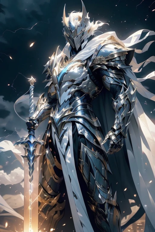 (master piece:1.5), (best quality:1.5), (exquisite lighting and shadow, highly dramatic picture, cinematic lens effect) (Photorealistic picture) highly detailed, realistic, cinematic lighting, studio quality, 8k, wallpaper, dynamic pose, anatomy correct, epic fantasy digital art, Epic composition, full body short black hair pale Male paladin wearing a white leather armor under a shiny white intricate elaborated plate chest armor with gold lightnings accents, long white cape with gold lightnings ornaments, holding a great white lightning sword, white lightning, white storm background, lightnings