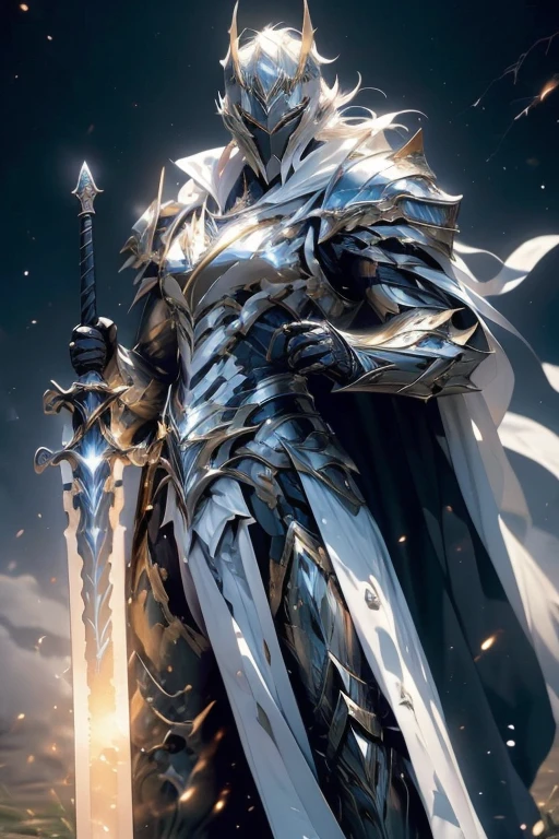 (master piece:1.5), (best quality:1.5), (exquisite lighting and shadow, highly dramatic picture, cinematic lens effect) (Photorealistic picture) highly detailed, realistic, cinematic lighting, studio quality, 8k, wallpaper, dynamic pose, anatomy correct, epic fantasy digital art, Epic composition, full body short black hair pale Male paladin wearing a white leather armor under a shiny white intricate elaborated plate chest armor with gold lightnings accents, long white cape with gold lightnings ornaments, holding a great white lightning sword, white lightning, white storm background, lightnings