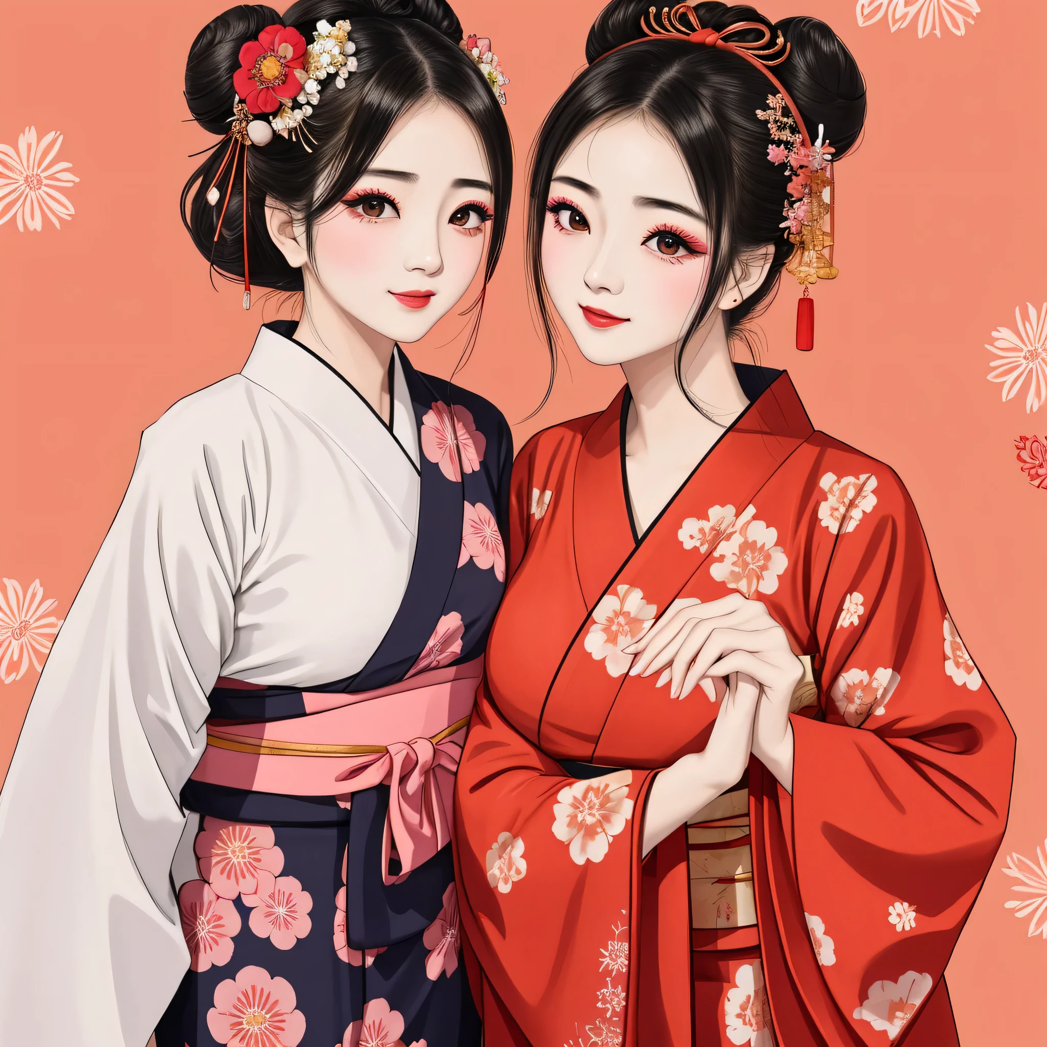 Each has a different expression2People and sisters、(2 girls)、⦅Dancing traditional arts with grace)、((Big Breasts、Small Face、Not exposed))、highest quality、masterpiece、(Black Hair、Bun Hair)、Brown Eyes、⦅Wide angle、Angle from above the waist and diagonally below、Pause on the magazine cover、Their gazes are different, gazing into the distance⦆、(8K High Quality、masterpiece、High resolution、Realistic and beautiful light and shadow、(highest quality)、(High Resolution)、(Very delicate and beautiful)、(Beautiful 8k face)、(With a smile、Beautiful eyes)、(Clear skin)、(Soft hair)、(8Head to Body)、(A Japanese style yukata kimono with red, pink and orange floral patterns on a white background, interspersed with gold powder、Five beautiful Japanese girls wearing yukata)、((Tanabata decoration background))、((Small Face))、(arms up)、Thin and small nose、(Red lipstick)、(Make your cheeks red)、(Glossy skin)、((Ink painting style))、Very thin eyebrows、Overall ultra-high image quality、(She is wearing maiko-style makeup.)、Whitening、Long and beautiful eyelashes、Glowing Skin、(Red cheeks),Straight nose、masterpiece、highest quality、whole body、 Eyebrows visible through hair、Bun Hair、Grin、Gal、Gal、Viewer's Eyes、Plaid、Stylish、woman、fine、Pause、
Waiting to start