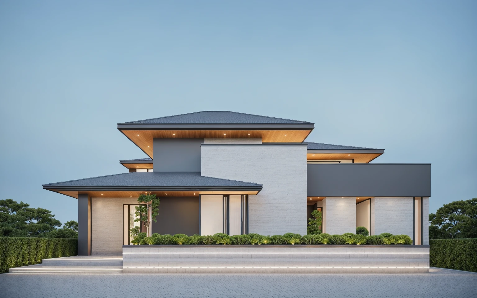 PLATFORM KTHOUSE, 1 morden villa, slope roof, main material of villa about build color wall:1.2 glass panel:1.1 and stone:1.2, 1large yard, 1 road runs in front of the house, (RAW photo, real, best quality, masterpiece:1.2), look morden minimalist, 1 road in front of the house, dynamic lighting:1.3, (hyper realistic, photo-realistic:1.2), high quality, (dark lighting:1.2), perfect lighting, archdaily, no human, light at 12 noon, light in door:1.2