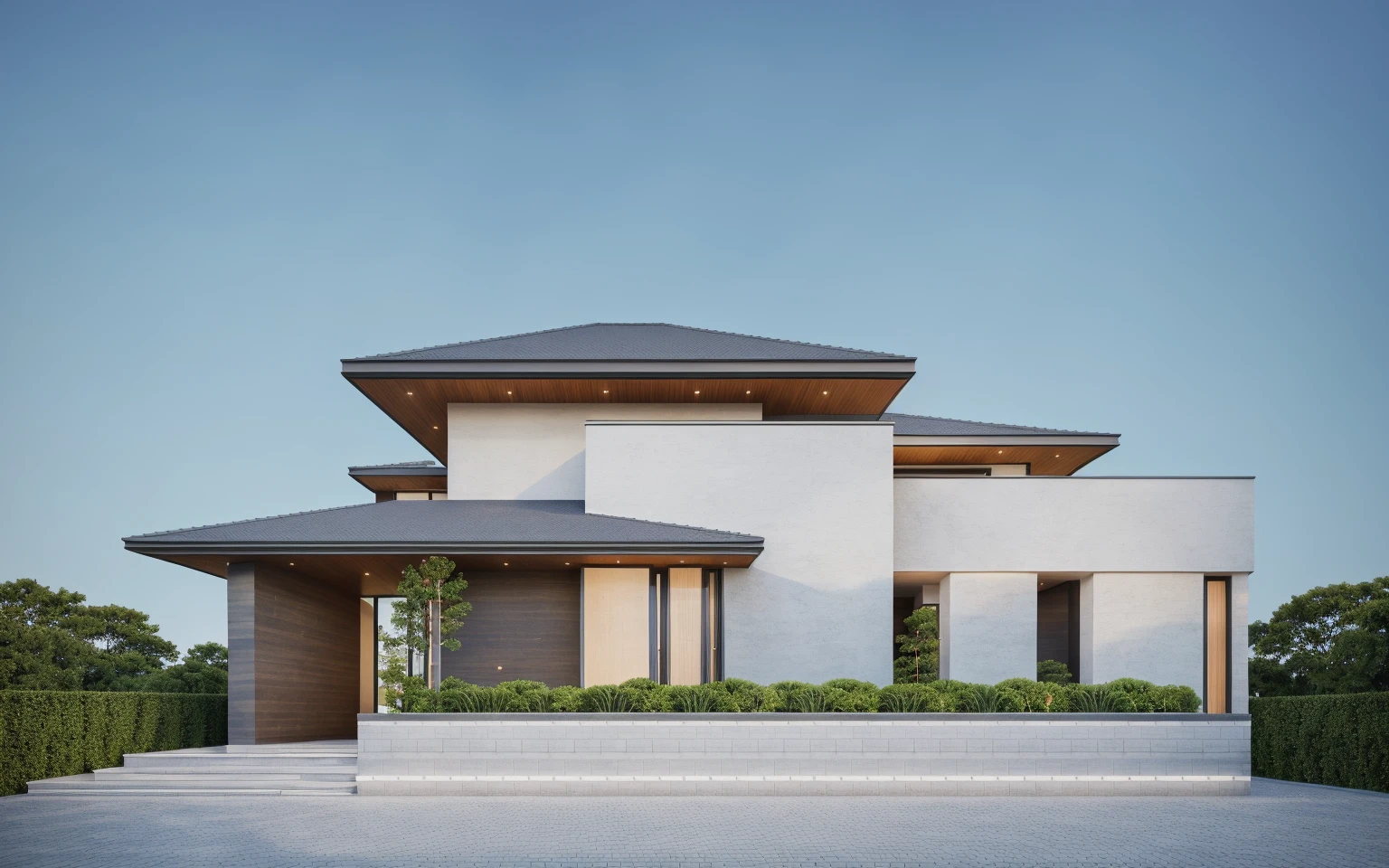 PLATFORM KTHOUSE, 1 morden villa, slope roof, main material of villa about build color wall:1.2 glass panel:1.1 and stone:1.2, 1large yard, 1 road runs in front of the house, (RAW photo, real, best quality, masterpiece:1.2), look morden minimalist, 1 road in front of the house, dynamic lighting:1.3, (hyper realistic, photo-realistic:1.2), high quality, (dark lighting:1.2), perfect lighting, archdaily, no human, light at 12 noon, light in door:1.2