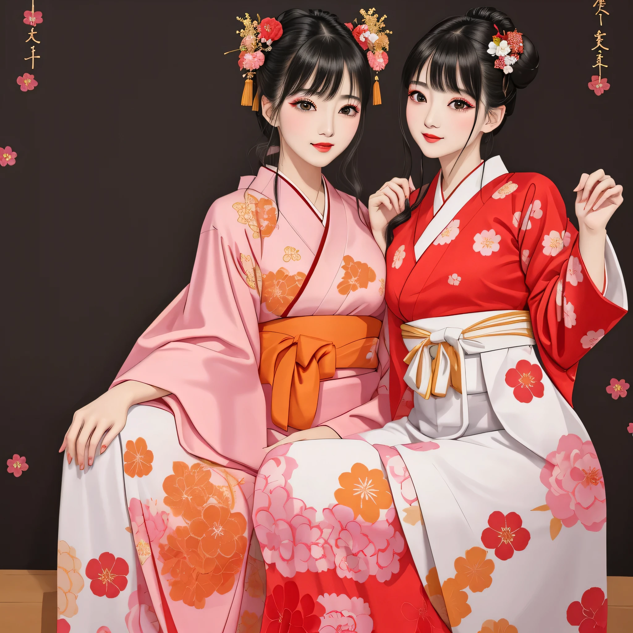Each has a different expression2People and sisters、(2 girls)、⦅Dancing traditional arts with grace)、((Big Breasts、Small Face、Not exposed))、highest quality、masterpiece、(Black Hair、Bun Hair)、Brown Eyes、⦅Wide angle、Angle from above the waist and diagonally below、Pause on the magazine cover、Their gazes are different, gazing into the distance⦆、(8K High Quality、masterpiece、High resolution、Realistic and beautiful light and shadow、(highest quality)、(High Resolution)、(Very delicate and beautiful)、(Beautiful 8k face)、(With a smile、Beautiful eyes)、(Clear skin)、(Soft hair)、(8Head to Body)、(A Japanese style yukata kimono with red, pink and orange floral patterns on a white background, interspersed with gold powder、Five beautiful Japanese girls wearing yukata)、((Tanabata decoration background))、((Small Face))、(arms up)、Thin and small nose、(Red lipstick)、(Make your cheeks red)、(Glossy skin)、((Ink painting style))、Very thin eyebrows、Overall ultra-high image quality、(She is wearing maiko-style makeup.)、Whitening、Long and beautiful eyelashes、Glowing Skin、(Red cheeks),Straight nose、masterpiece、highest quality、whole body、 Eyebrows visible through hair、Bun Hair、Grin、Gal、Gal、Viewer's Eyes、Plaid、Stylish、woman、fine、Pause、
Waiting to start