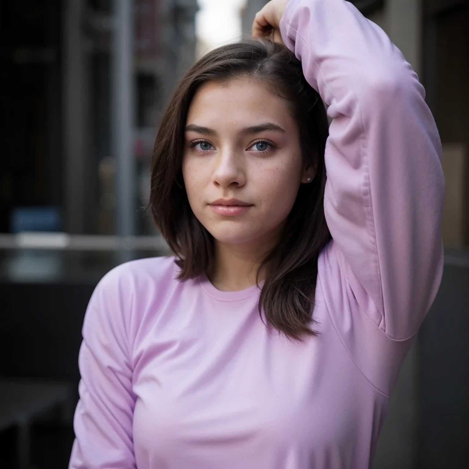 photo of a college student，16 years old, in Purple Pink, futuristic space suit, (freckles:0.8) cute face, sci-fi, dystopian, detailed eyes, cobalt blue eyes（（Side view））