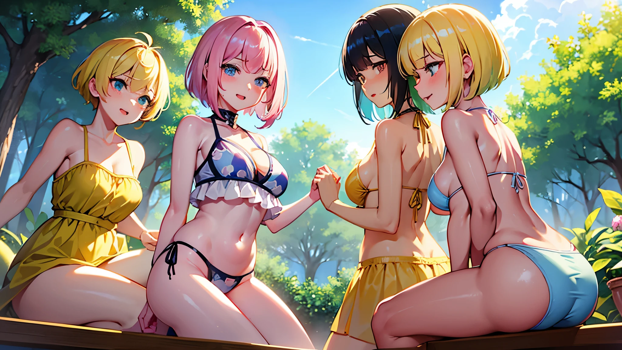 (Very detailed CG ユニティ 8k 壁紙)、(masterpiece)、(highest quality)、(Very detailed)、(Best illustrations)、(Best Shadow)、（（Ahegao））、3 people、noon、Clear skies、Lush green park、high resolution、（Obi、Bright hair color、blue、Long Hair、Beautiful dress、Big Breasts）、（Sitting、Bright hair color、yellow、yellowい瞳、short hair、Beautiful dress）、（Back view、In front、back、back、Bright hair color、Pink、((bikini))、short hair）、Sweat、Bright hair color、short hair、Shiny skin、Shiny texture