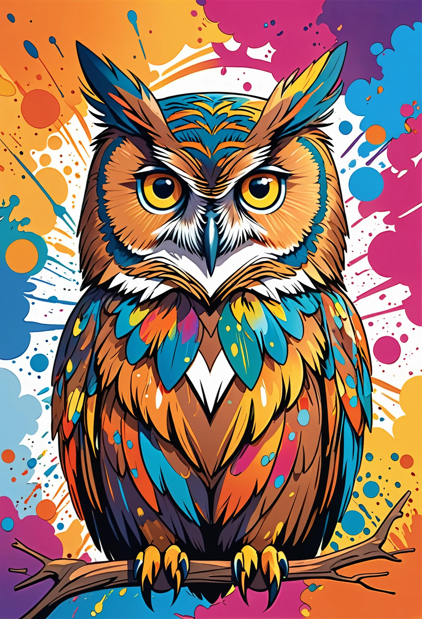 Vector Art, Color illustration with owl, In the center, Vibrant colors, Paint splatters and stains, High Detail,Hawaiian style background
