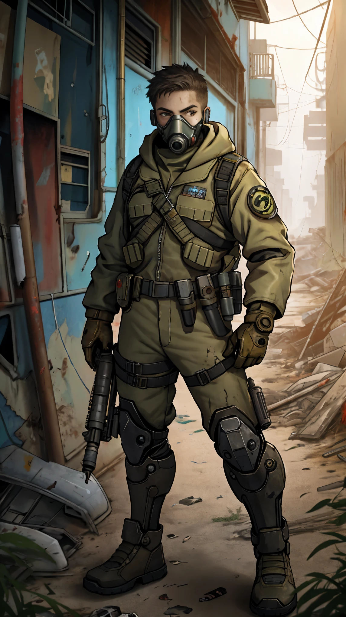  Boy, 18 years, Scavenger, Decaying World, Wasteland, Gas Mask, Biohazard Suit, good hands 1k fallout
