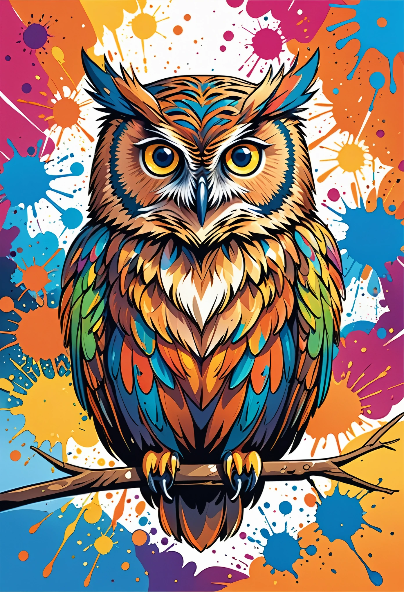 Vector Art, Color illustration with owl, In the center, Vibrant colors, Paint splatters and stains, High Detail,Hawaiian style background
