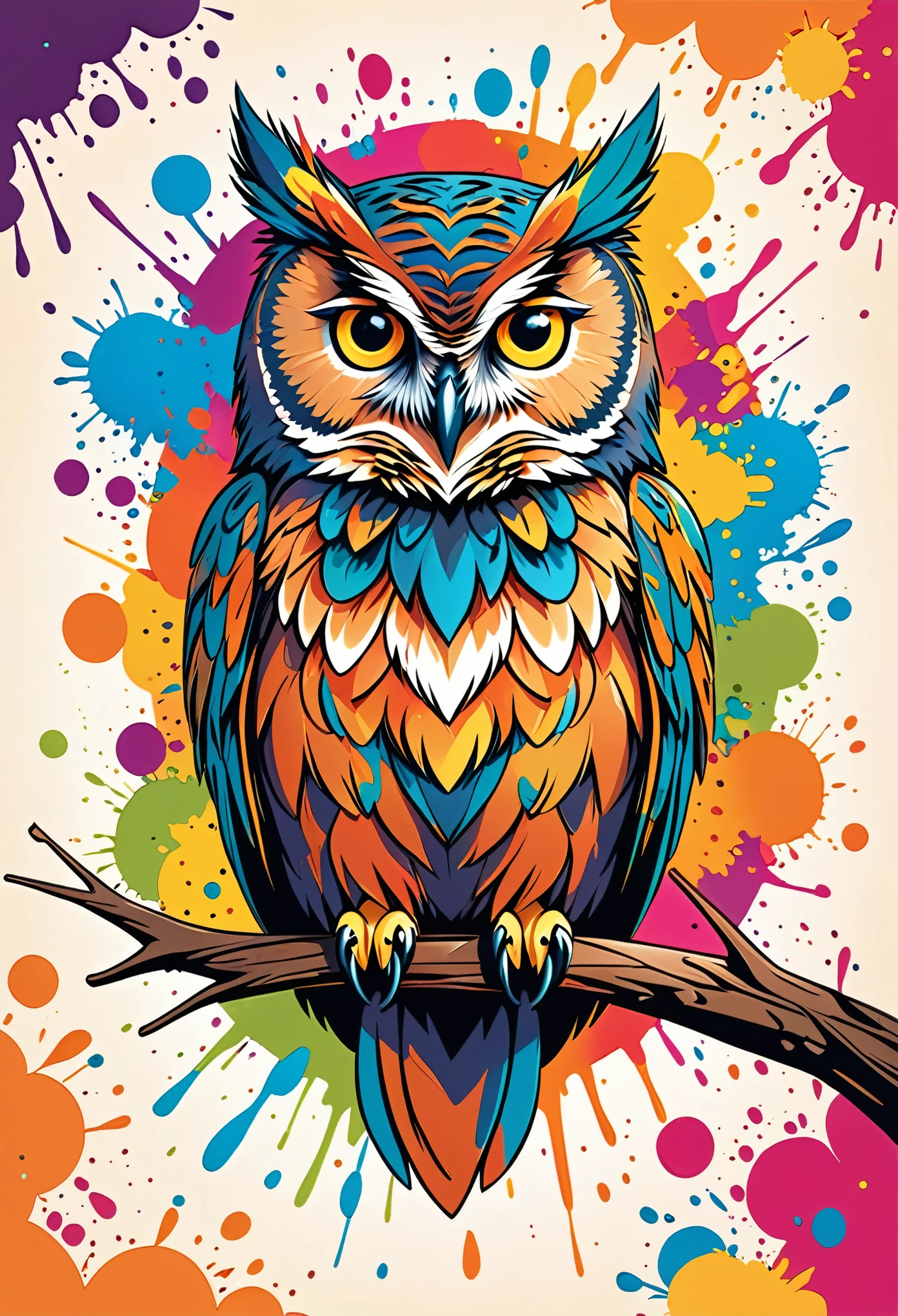 Vector Art, Color illustration with owl, In the center, Vibrant colors, Paint splatters and stains, High Detail,Hawaiian style background