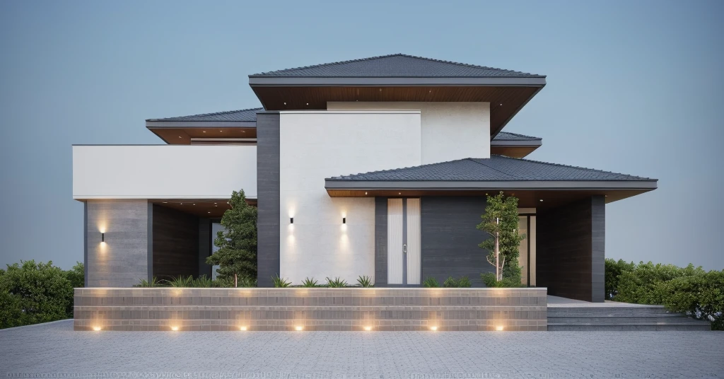PLATFORM KTHOUSE, 1 morden villa, slope roof, main material of villa about build color wall:1.2 glass panel:1.1 and stone:1.2, 1large yard, 1 road runs in front of the house, (RAW photo, real, best quality, masterpiece:1.2), look morden minimalist, 1 road in front of the house, dynamic lighting:1.3, (hyper realistic, photo-realistic:1.2), high quality, (dark lighting:1.2), perfect lighting, archdaily, no human, light at 12 noon, light in door:1.2