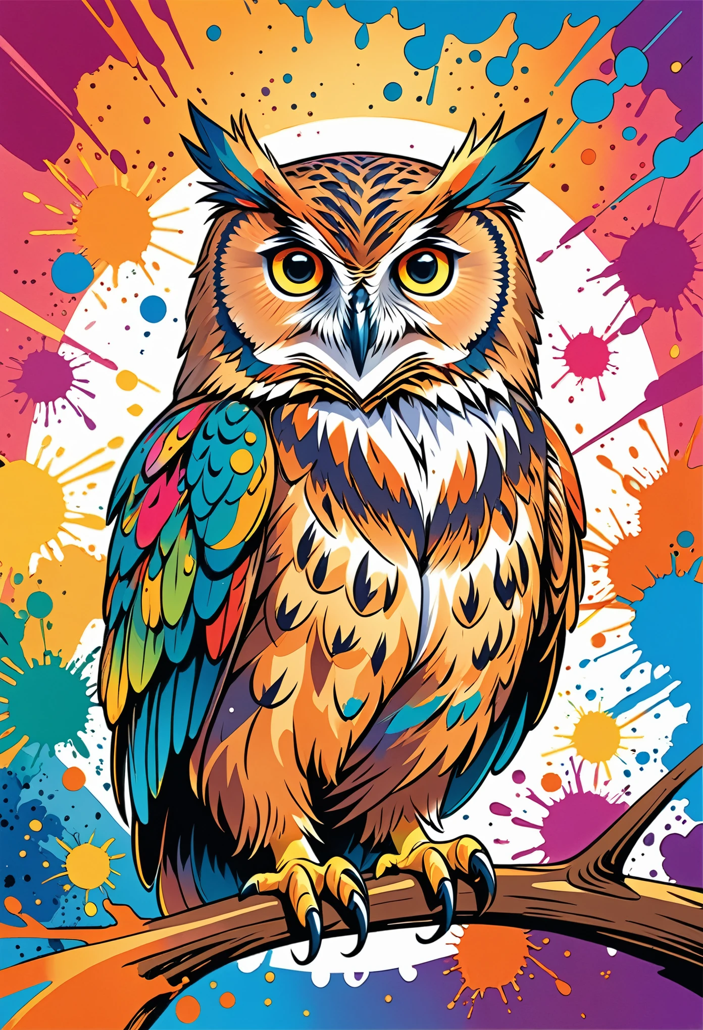 Vector Art, Color illustration with owl, In the center, Vibrant colors, Paint splatters and stains, High Detail,Hawaiian style background
