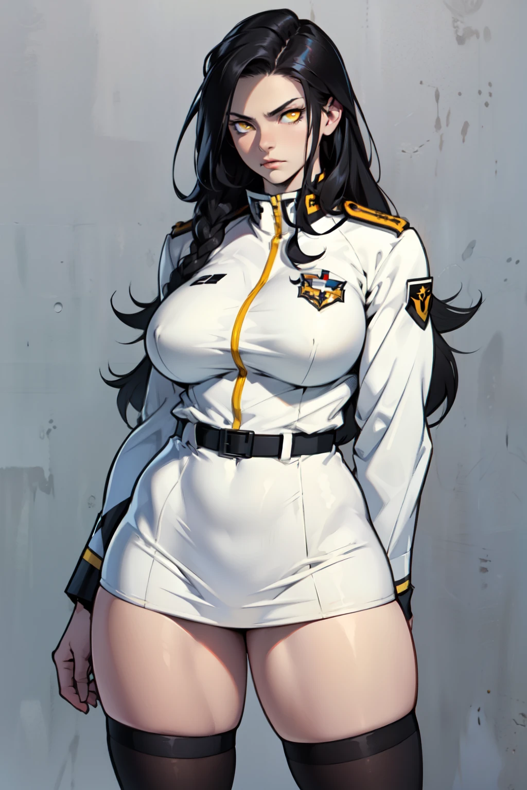 girl breasts huge muscles huge thighs solo girl black hair extremely long hair pale skin expressionless yellow eyes ((uniform))