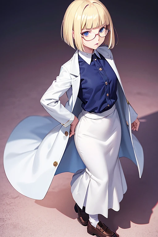 Anime Art、Full body portrait、Dungeons＆Teacher of Dragons、A woman around 49 years old, about 170cm tall, wearing a white coat and a long skirt, standing upright and looking back、Wide bob cut blonde、Angry face with eyes raised、Blue Eyes、Glasses、loafers、Flat chest