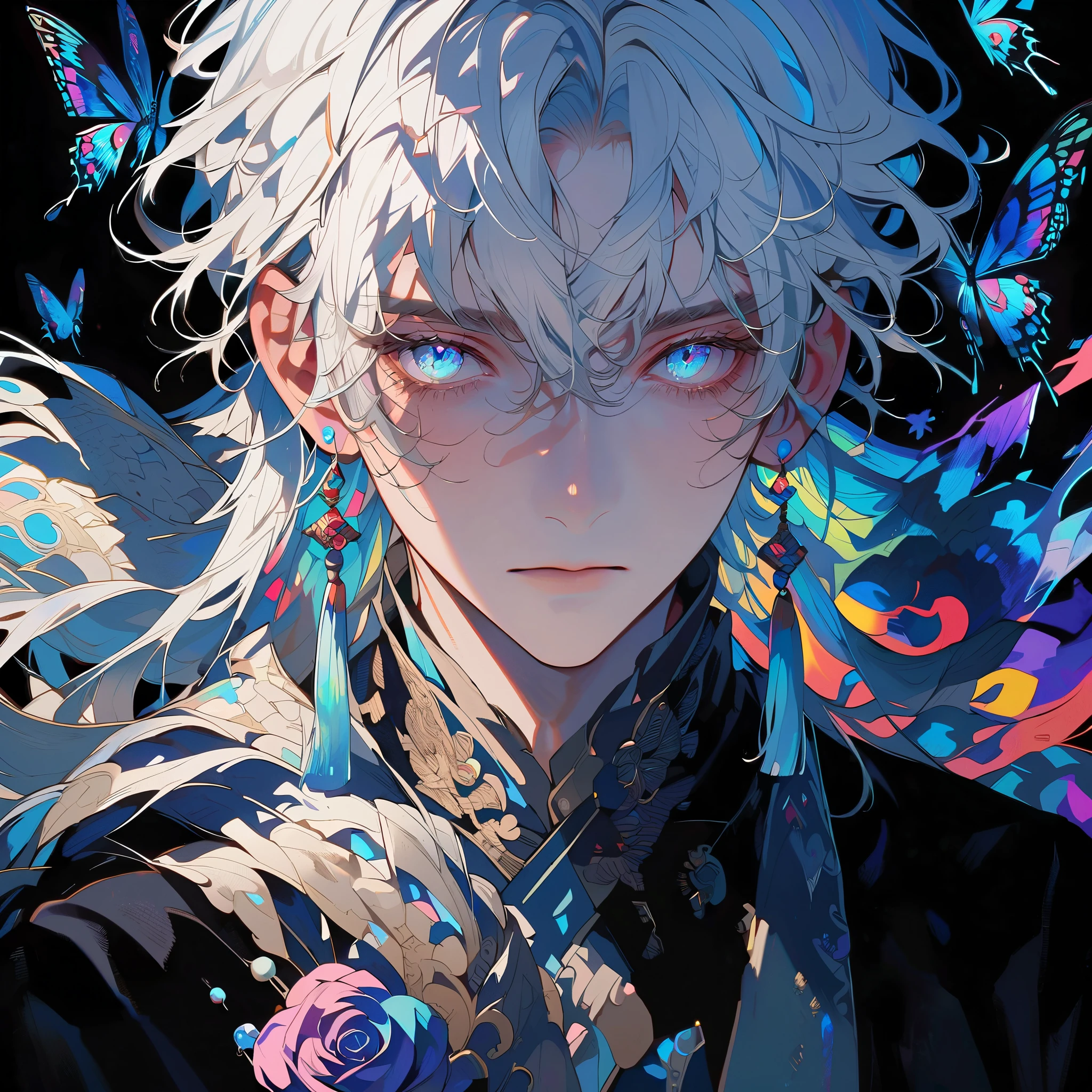 masterpiece, Male focus, 1 boy, solitary, white hair, tassel earrings, tassel, jewelry, earrings, black background, blue eyes, Long hair, crystal, Butterfly, Upper Body,  Colorful hair，Pearlescent Rose，Personal，The eyes are depicted in great detail