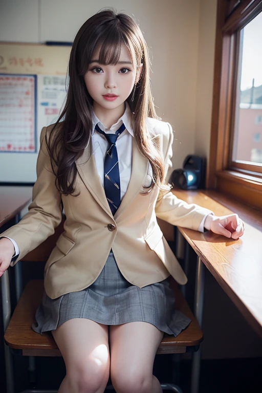 (8k、Professional、highest quality、masterpiece:1.2)、(Realistic、Photorealistic:1.37)、Very detailed、(Portraiture)、(Best Detail Skin:1.2)、(Most detailed surface:1.2)、Cinema Lighting、1 girl、Squat、Big  、high school girl、blazer、Check skirt、(Thighs open)、School classroom、Fluffy brown hair、With bangs、