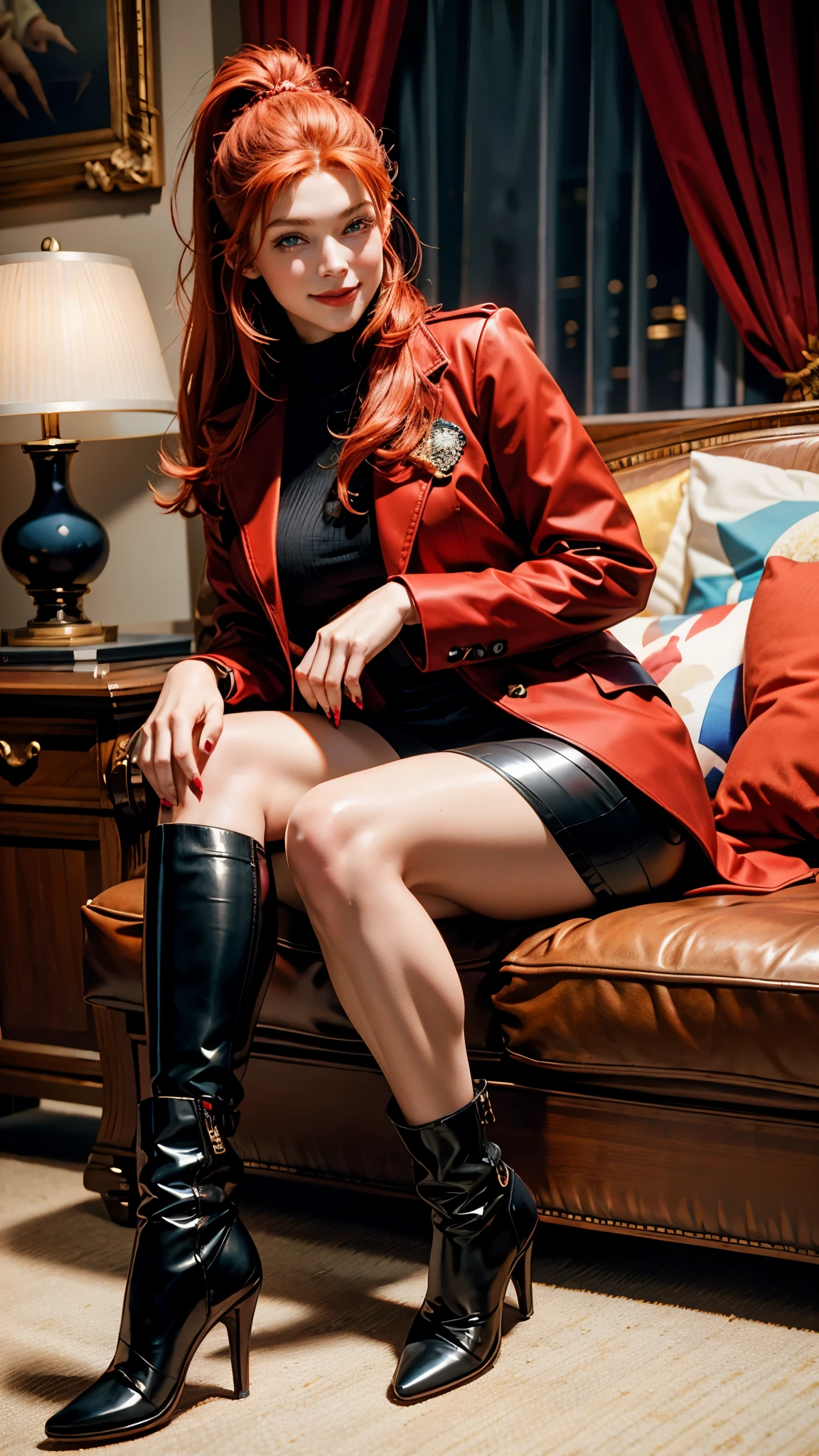 A beautiful redhead with a ponytail, in elegant black boots, elegant, beautiful female red coat, red painted nails, blue eyes, Beautiful woman, 4K, sitting, Smile, room
