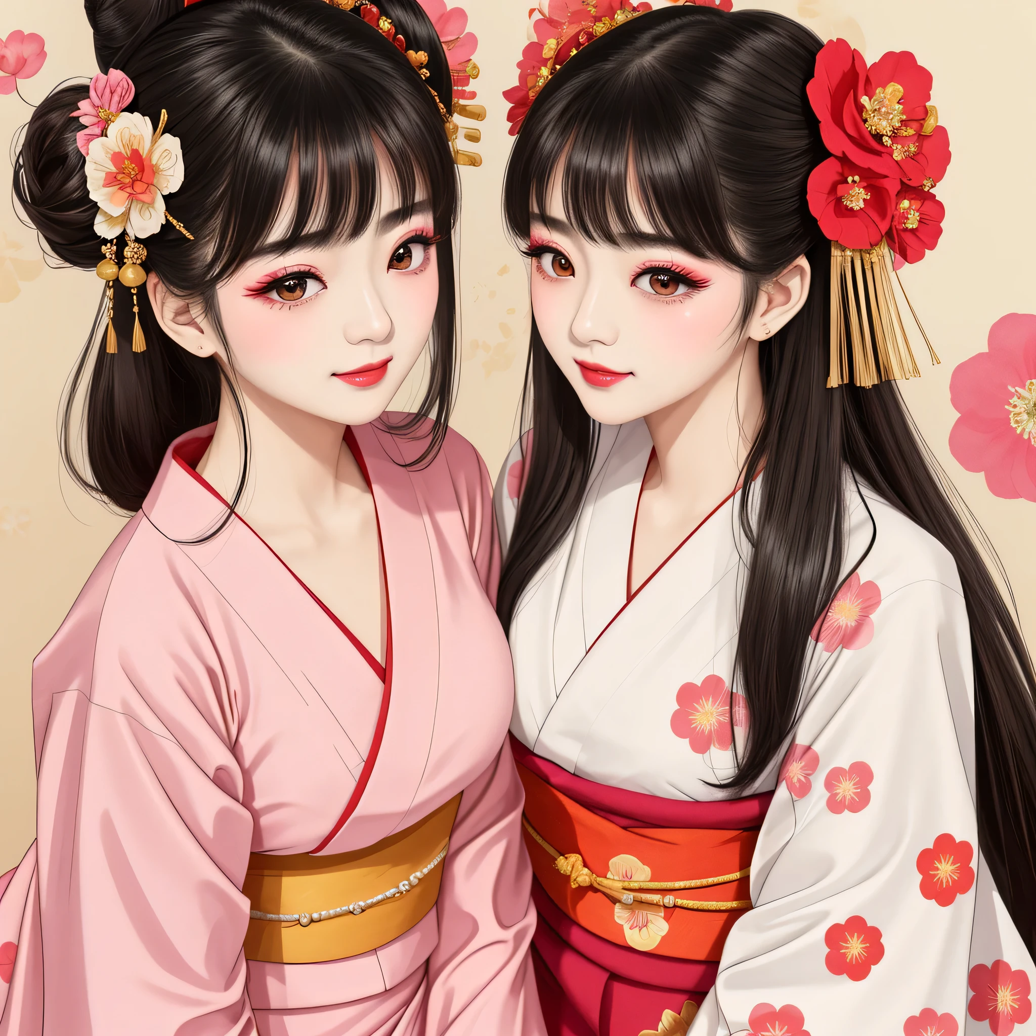 Each has a different expression２People and sisters、(２ girls）、｟Dancing traditional arts with grace)、((Big Breasts、Small Face、Not exposed))、highest quality、masterpiece、（Black Hair、Bun Hair）、Brown Eyes、｟Wide angle、Angle from above the waist、Pause on the magazine cover、Their gazes are different, gazing into the distance｠、(８K High Quality、masterpiece、High resolution、Realistic and beautiful light and shadow、(highest quality)、(High Resolution)、(Very delicate and beautiful)、(Beautiful 8k face)、(With a smile、Beautiful eyes)、(Clear skin)、(Soft hair)、(８Head to Body)、(A Japanese style yukata kimono with red, pink and orange floral patterns on a white background, interspersed with gold powder、Wearing a yukata２Beautiful Japanese girls)、((Tanabata decoration background))、((Small Face))、(arms up)、Thin and small nose、（Red lipstick）、（Make your cheeks red）、（Glossy skin）、((Ink painting style))、Very thin eyebrows、Overall ultra-high image quality、（She is wearing maiko-style makeup.）、Whitening、Long and beautiful eyelashes、Glowing Skin、（Red cheeks）,Straight nose、masterpiece、highest quality、whole body、 Eyebrows visible through hair、Bun Hair、Grin、Gal、Gal、Viewer&#39;s Eyes、Plaid、Stylish、woman、fine、Pause、
Waiting to start 
