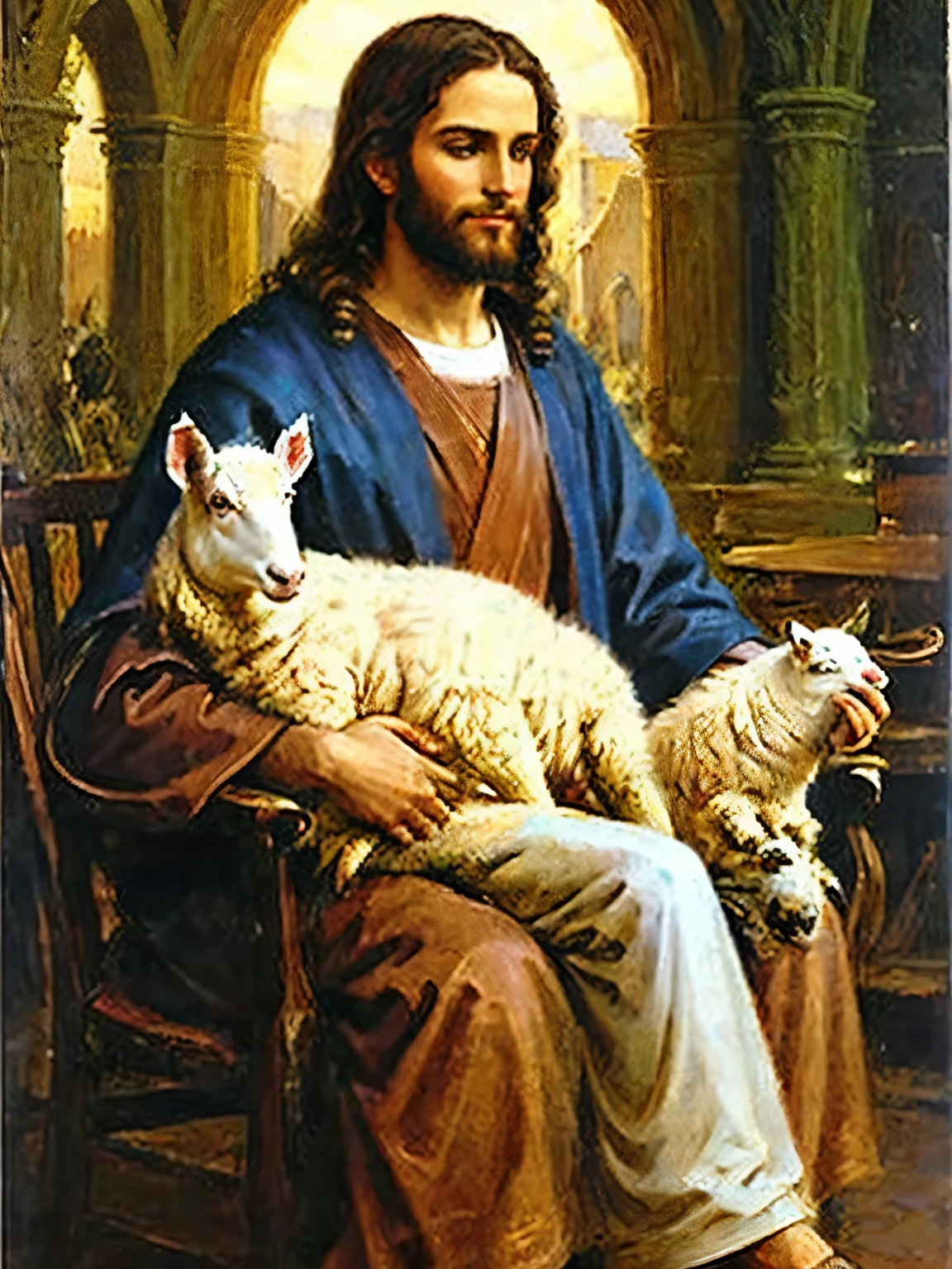 Make a painting of Jesus carrying a sheep on his lap, protegendo-a com alegria 