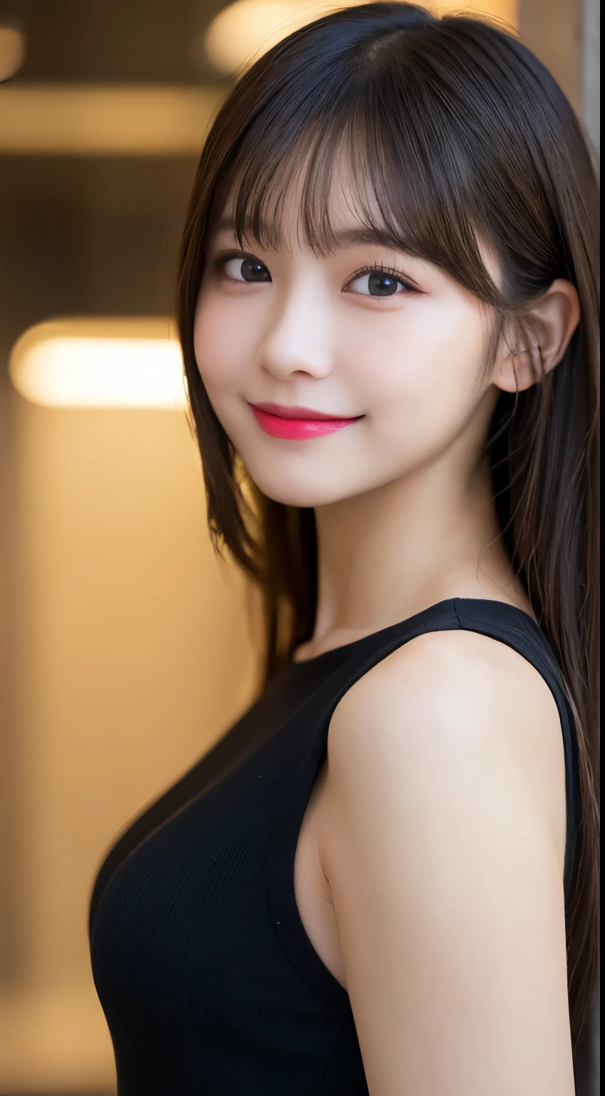 Tabletop, highest quality, shape, Very detailed, finely, High resolution, 8k wallpaper, 完璧なダイナミックな構shape, Beautiful and detailed,ランダムなcute髪,,Natural color lip, Bold sexy pose,smile、20-year-old girl、cute、Looking at the camera,Always blur the background,Perfect and beautiful face,Slim face and figure,Big eyes、Putting on gal makeup,Small face,Shooting from below、smile,Blurred Background,Elegant feminine face、Cyberpunk Fashion、smile、Real Photo