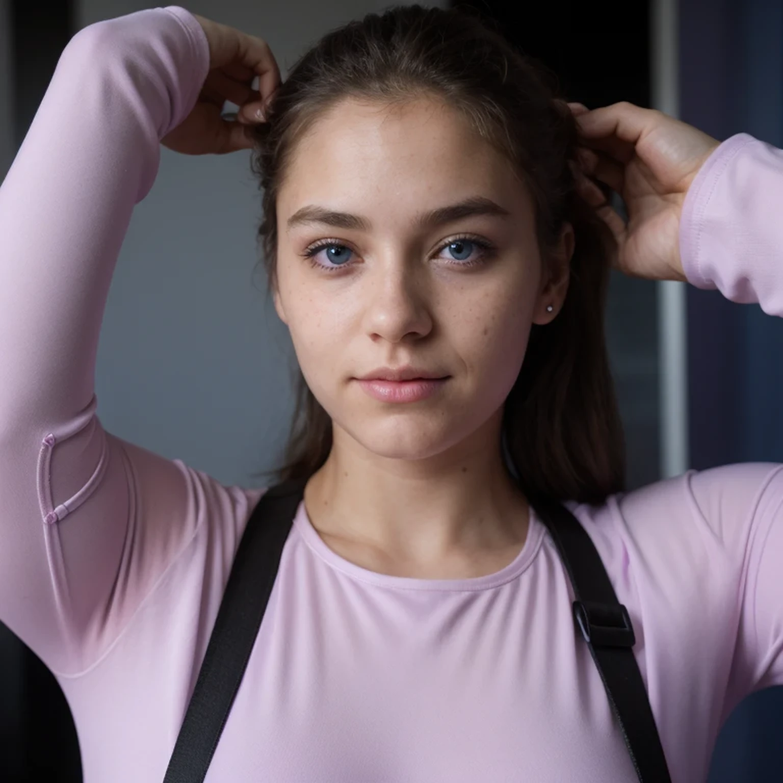 photo of a college student,16 years old, in Purple Pink, futuristic space suit, (freckles:0.8) cute face, sci-fi, dystopian, detailed eyes, cobalt blue eyes((Side view))