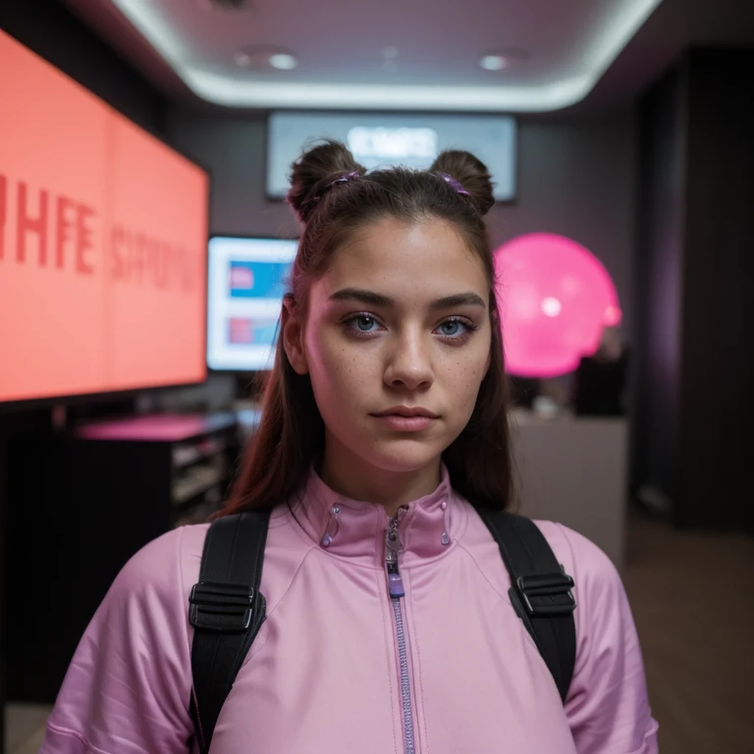 photo of a college student，, in Purple Pink, futuristic space suit, (freckles:0.8) cute face, sci-fi, dystopian, detailed eyes, cobalt blue eyes（（Side view））