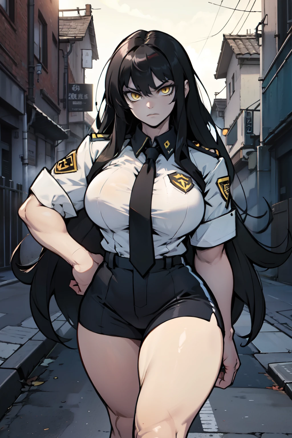 girl breasts huge muscles huge thighs solo girl black hair extremely long hair pale skin expressionless yellow eyes ((uniform))