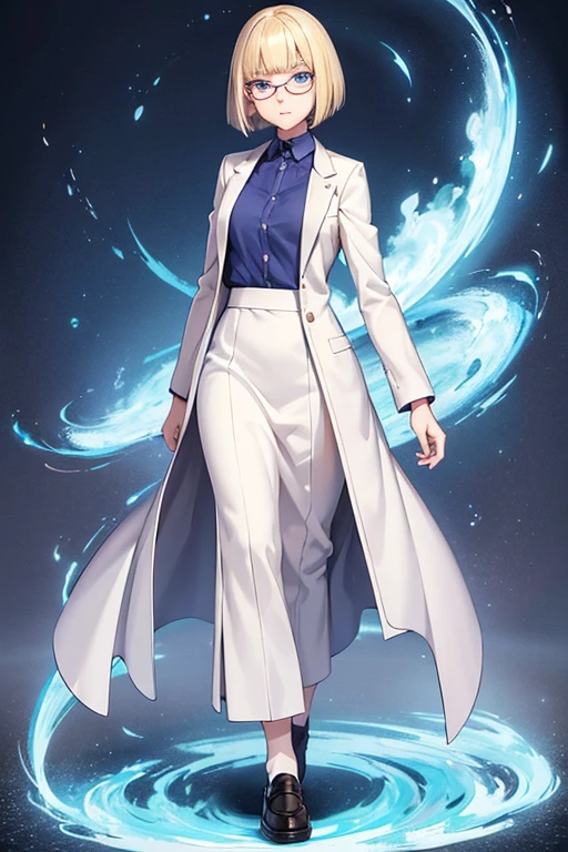 Anime Art、Full body portrait、Dungeons&Teacher of Dragons、A woman around 49 years old, about 170cm tall, wearing a white coat and a long skirt, standing upright and looking back、Wide bob cut blonde、Angry face with eyes raised、Blue Eyes、Glasses、loafers、Flat chest