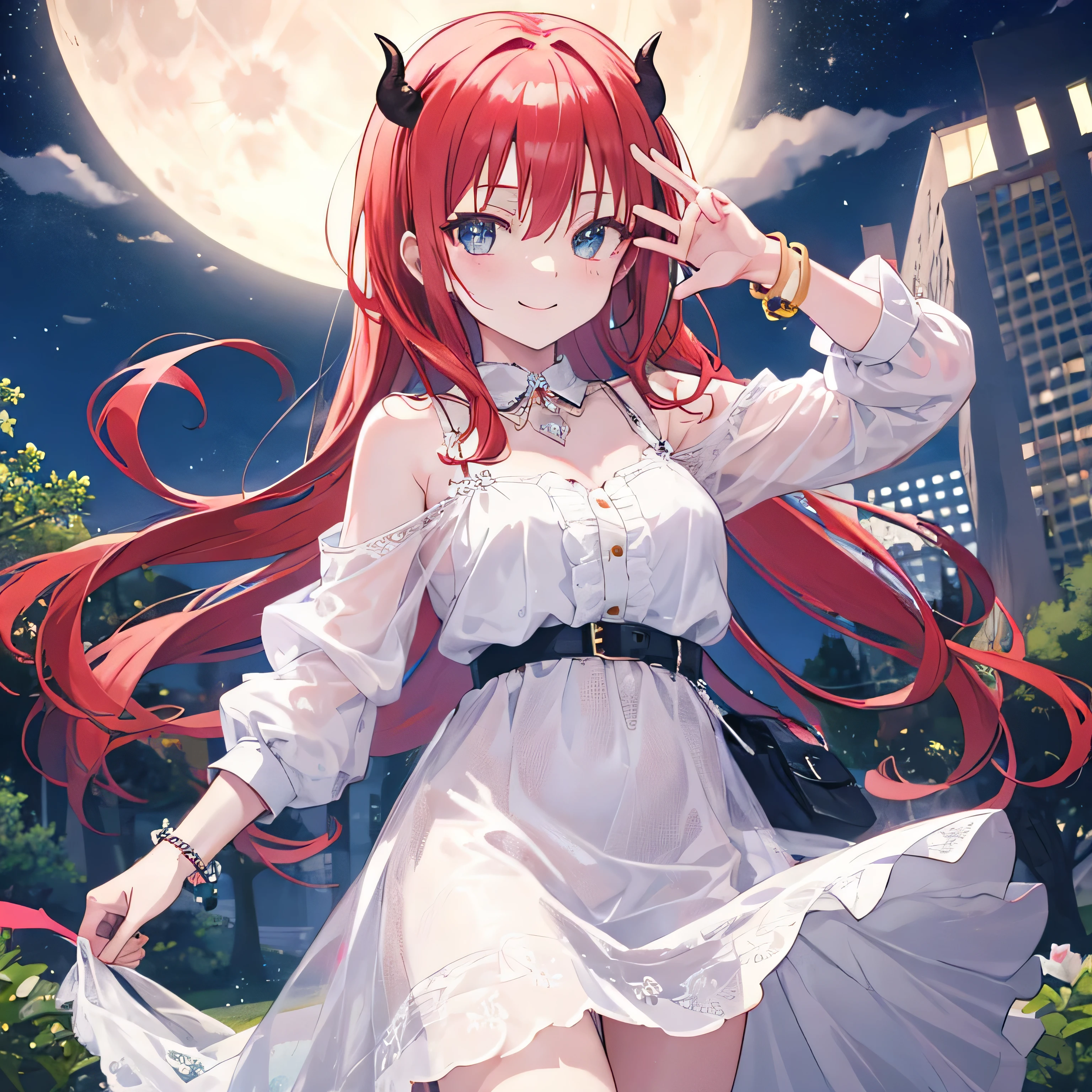Satanichia Mcdowell behind smiling on a night out dressed casually in pretty clothes and a cute flashy bracelet and staring at the full moon in a central park