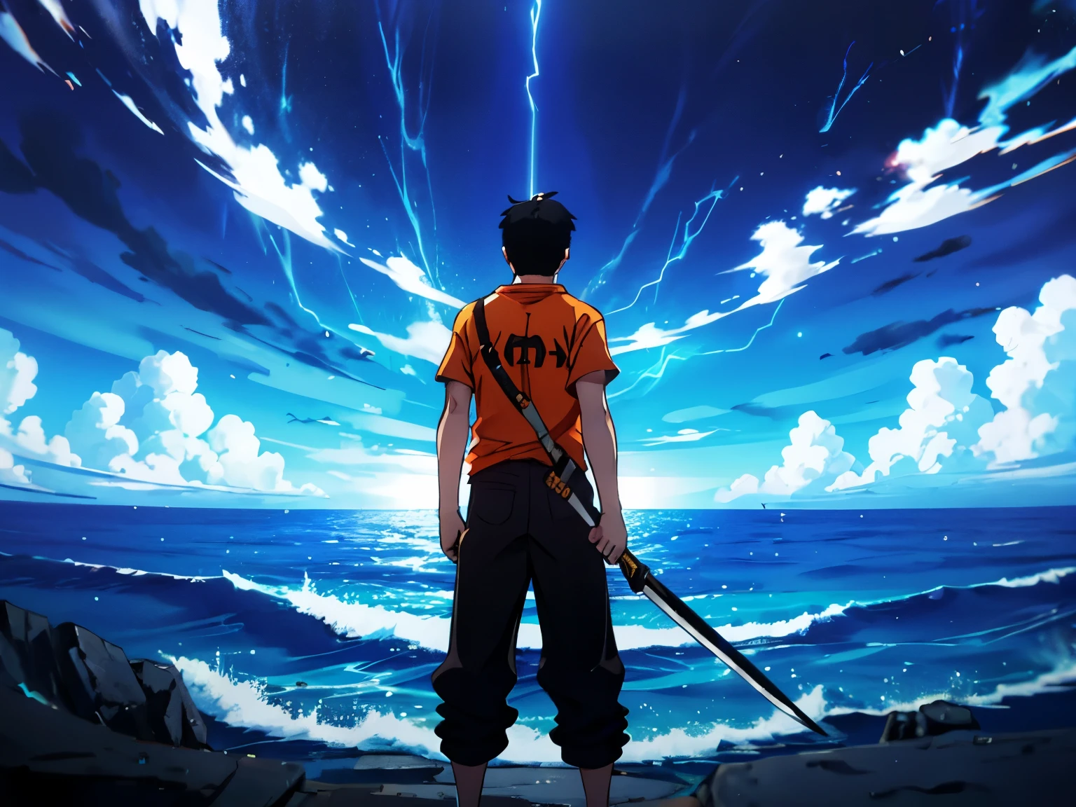 Boy with black hair holding a short sword with orange shirt. Back view standing on the ocean storm blue lightning