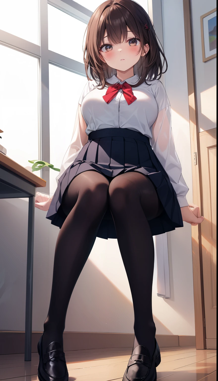 (((Angle from directly below))), Beautiful details, 16K, Absurd, masterpiece, Super detailed, beautiful girl, ((Detailed shiny detailed feminine shiny padded white panties backside)), One girl crouching, (((Panty Force))), From behind,  Platinum Blonde Hair、Panty shot、View from below、((Japanese(school uniform、Pleated skirt、Black knee socks))),School classroom、((Lift the skirt yourself))