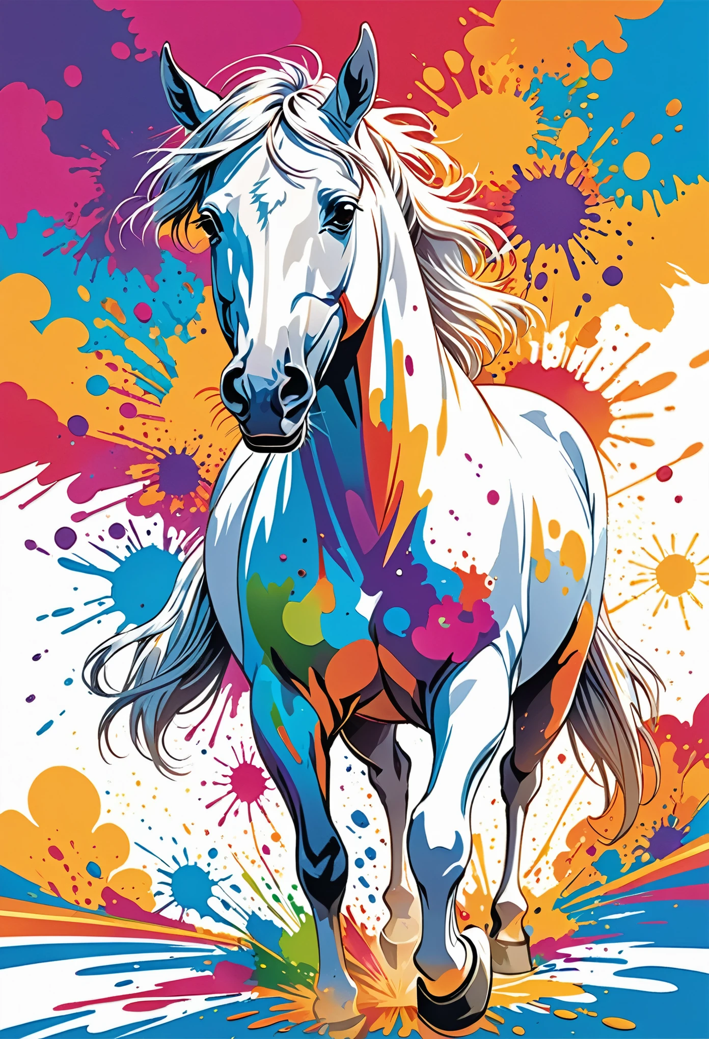 Vector Art, Color illustration with white horse, In the center, Vibrant colors, Paint splatters and stains, High Detail,Hawaiian style background
