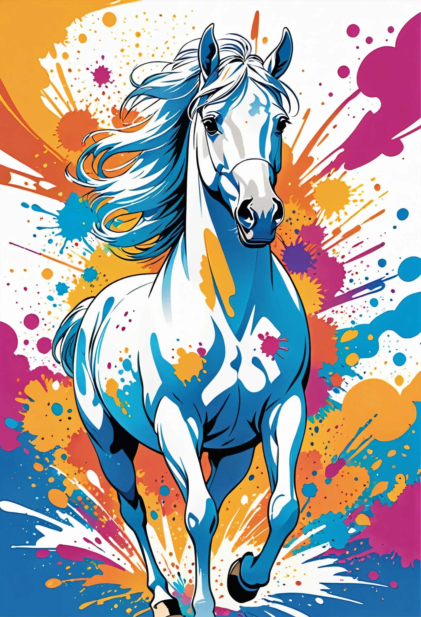 Vector Art, Color illustration with white horse, In the center, Vibrant colors, Paint splatters and stains, High Detail,Hawaiian style background
