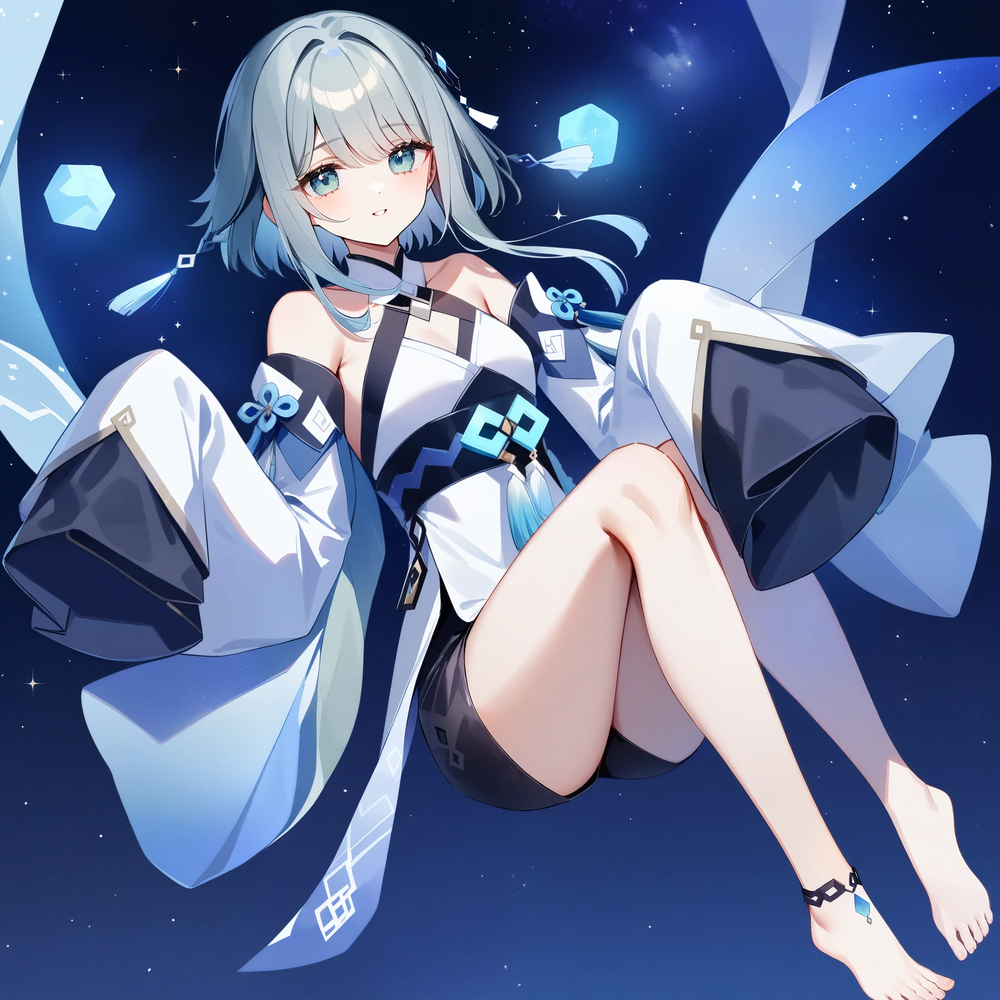 1girl,guizhong_\(genshin_impact\),short_hair_with_long_locks,grey gradient hair,sleeves_past_fingers,short_dress,happy,starry sky,moonlight,glossy lips,light bluegreen eyes,watercolor,anklet,halter_top,white clothes,black shorts,highly detailed,digital painting,bare_shoulders,barefoot,cool night tones, magical night scene,starry_sky_print,detached_sleeves,masterpiece,best quality,newest,very aesthetic,dsmile