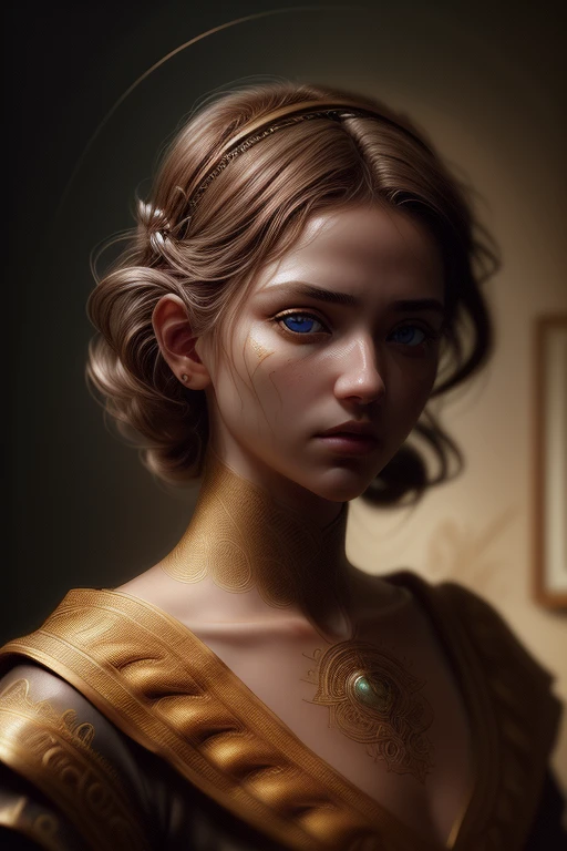 Retrato 8k de um lindo ciborgue com cabelo castanho, intricado, elegante, Altamente detalhado, majestoso, Fotografia digital, arte de artgerm e ruan jia e greg rutkowski pintura surreal filigrana de borboleta dourada, vidro quebrado, (obra de arte, side lighting, lindos olhos finamente detalhados: 1.2), HDR, 