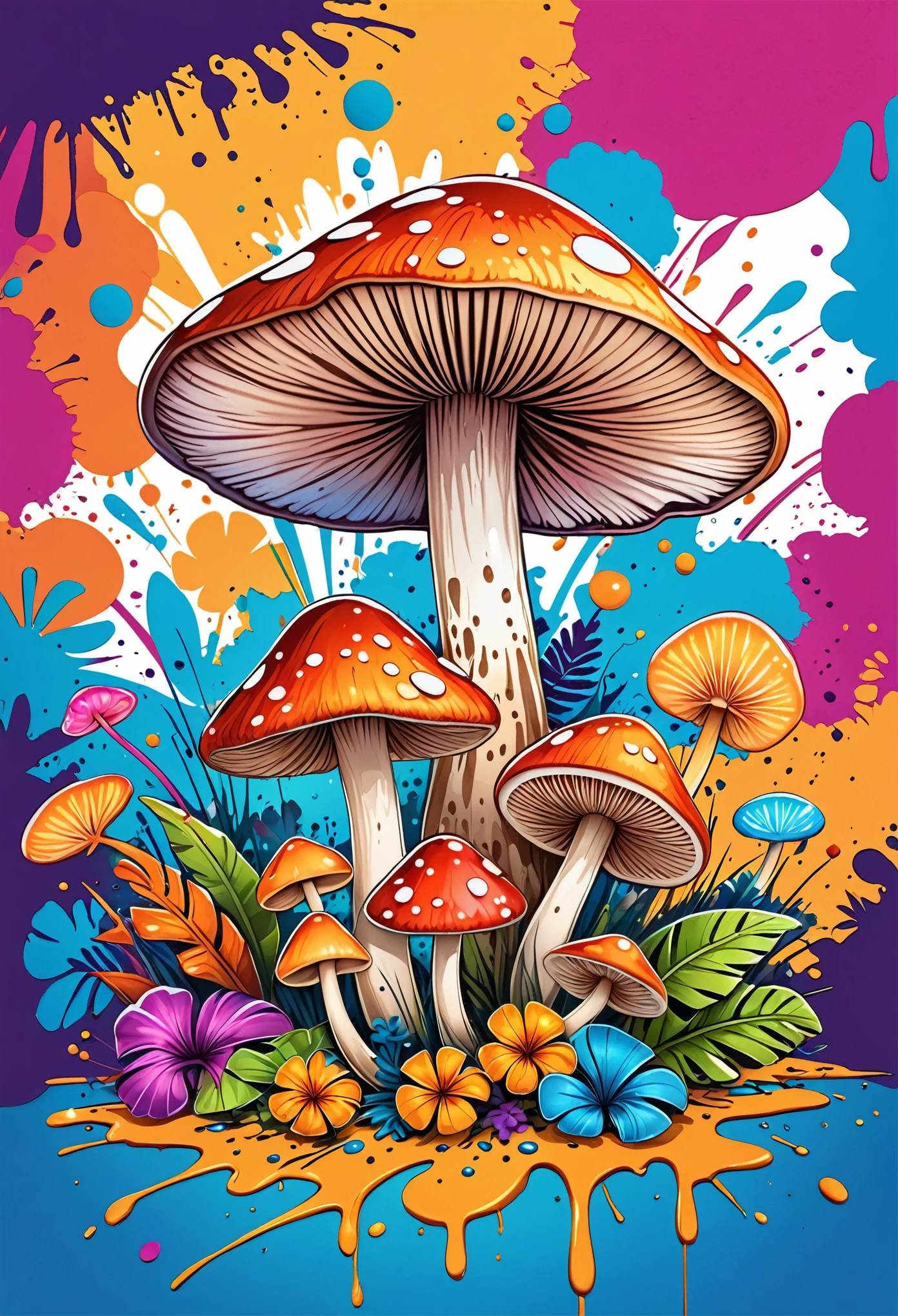 Vector Art, Colorful illustration with mushrooms, In the center, Vibrant colors, Paint splatters and stains, High Detail,Hawaiian style background
