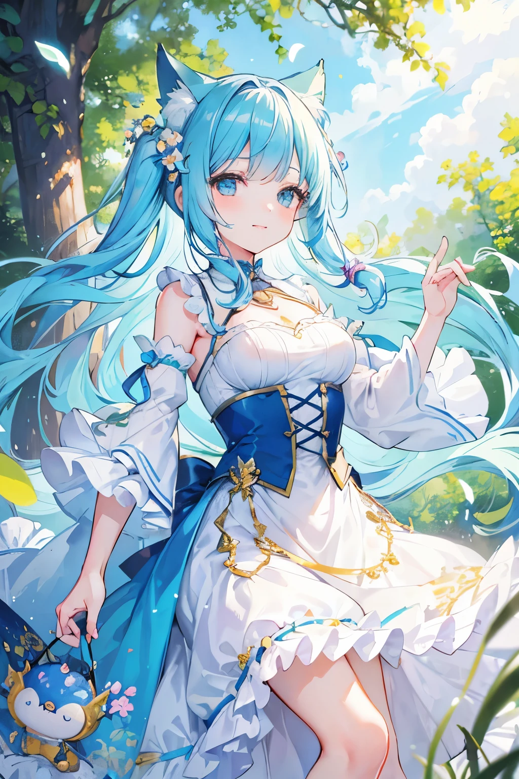 A charming girl character with delightful light blue hair and captivating cat ears, her expressive face radiates joy as she bursts into a lively laugh. With each giggle, her eyes sparkle under the soft sunlight filtering through the canopy of leaves above, casting playful shadows on the ground below. The vibrant colors of her dress flow gently in the breeze, creating a magical atmosphere filled with happiness and wonder. The background is adorned with intricate details, from the blossoming flowers to the majestic clouds that playfully dance in the sky overhead. This stunning illustration is a true masterpiece, showcasing the highest quality and most vivid details that will leave you enchanted.